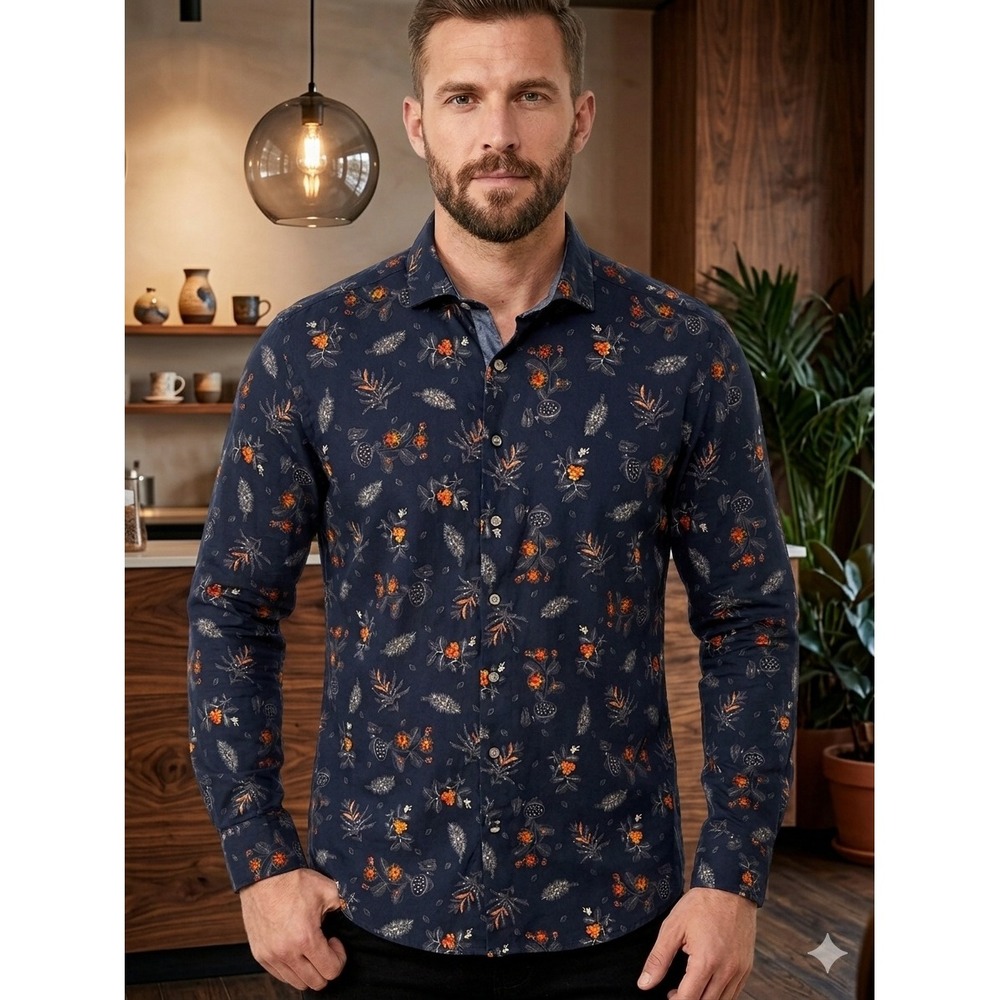 WAM Classic Mens 3XL Navy Blue Floral Tailored‎ Fit Cotton Button Down Shirt